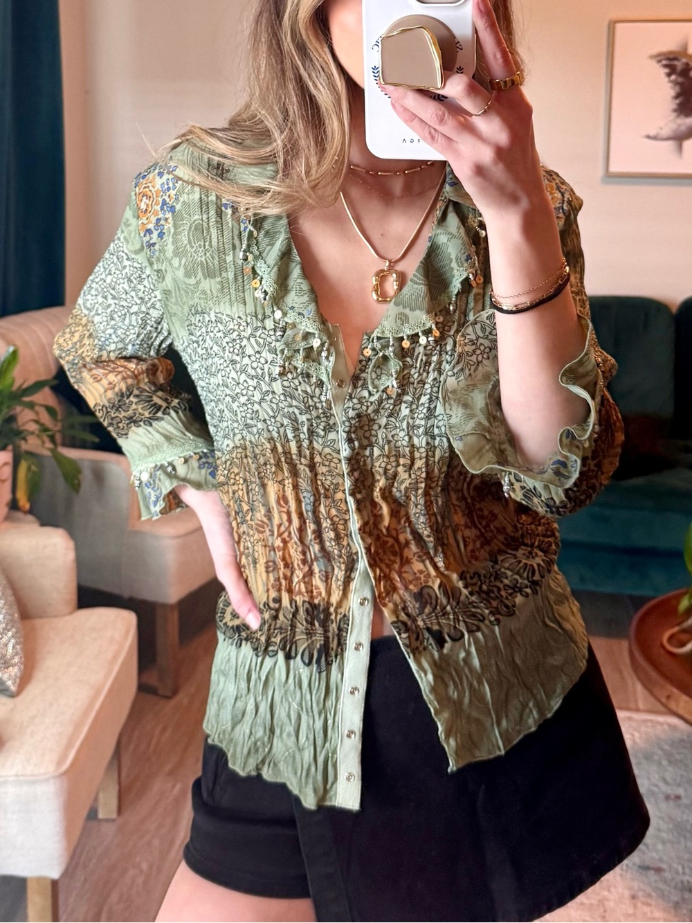 DressBarn Boho Crinkle Blouse Sequin Beaded Sage Green Top Size L